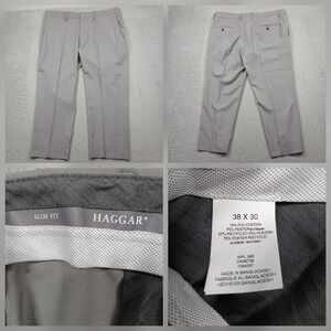 Haggar Dress Pants Men's 38x30 Gray Slim Fit Flat Front Trousers
